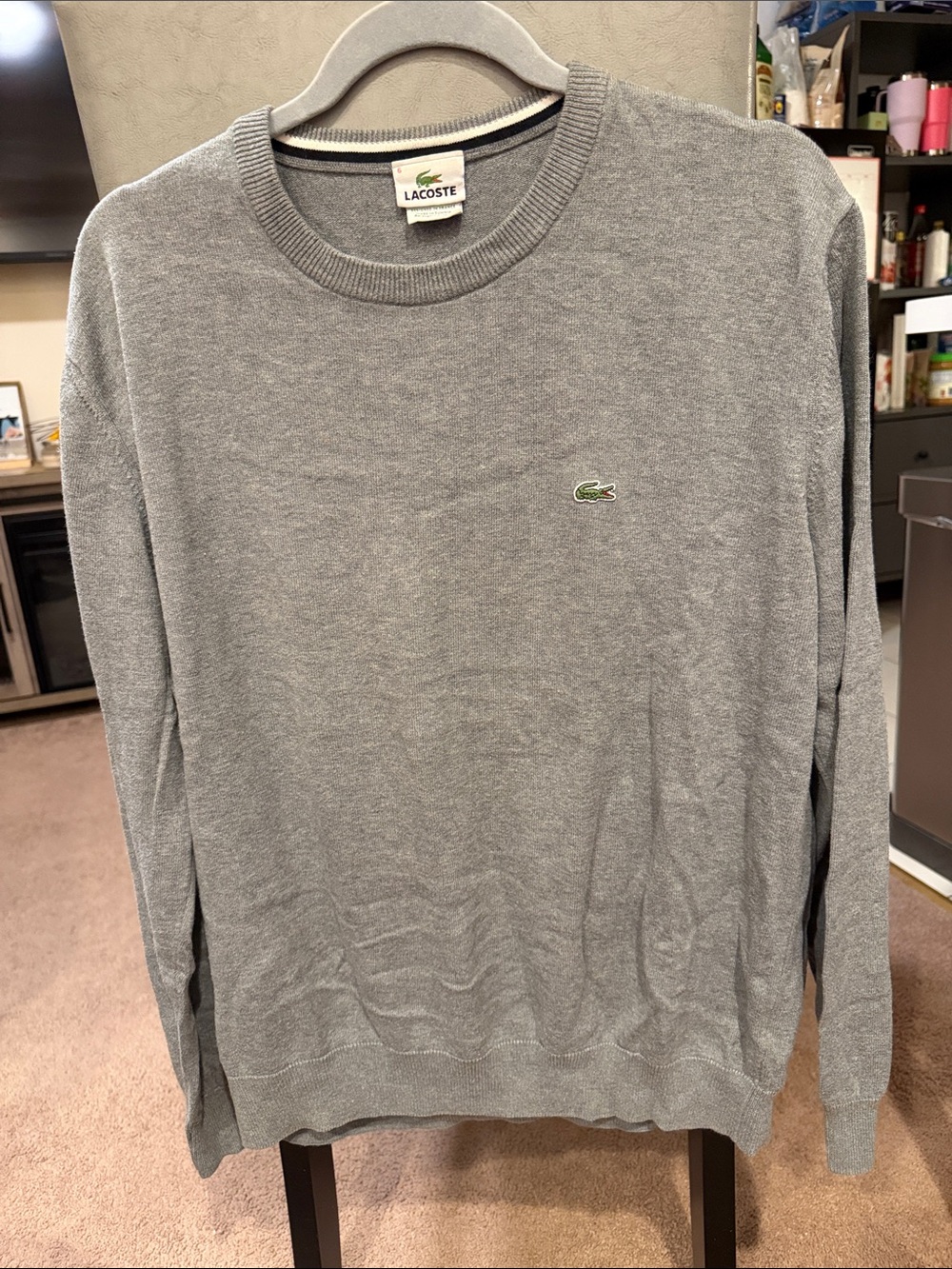 Lacoste Men's Light Gray Crewneck Sweater with Green Croc Logo